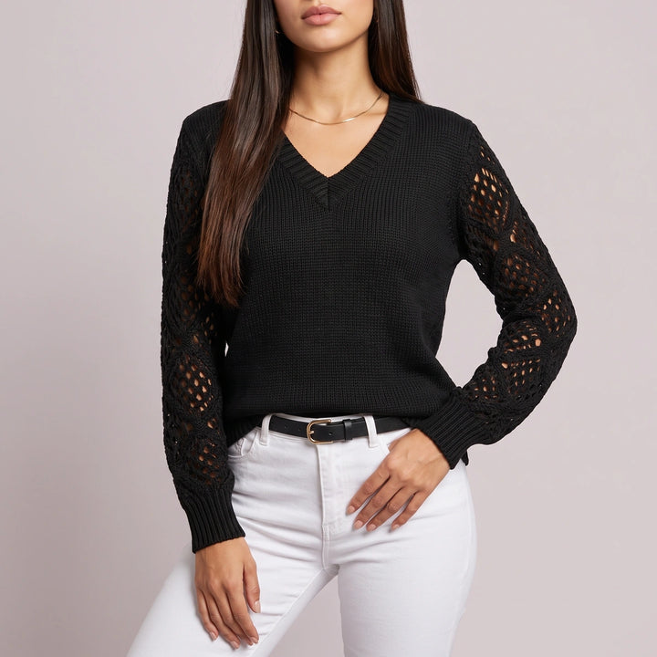 Celia Pointelle Sleeve V Neck Sweater - Black