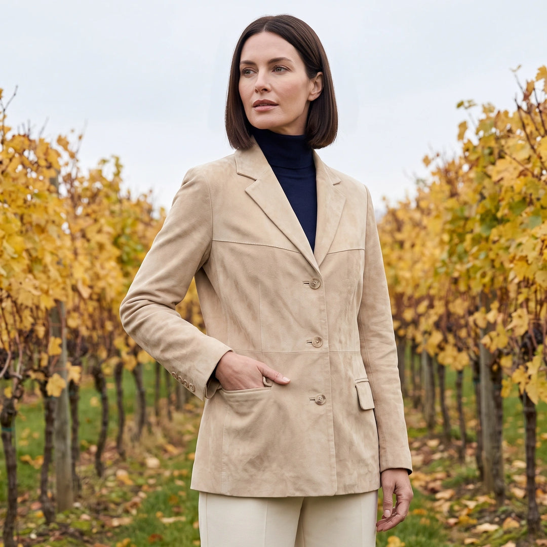 Cinzia Velvety Suede Tailored Blazer Jacket - Beige