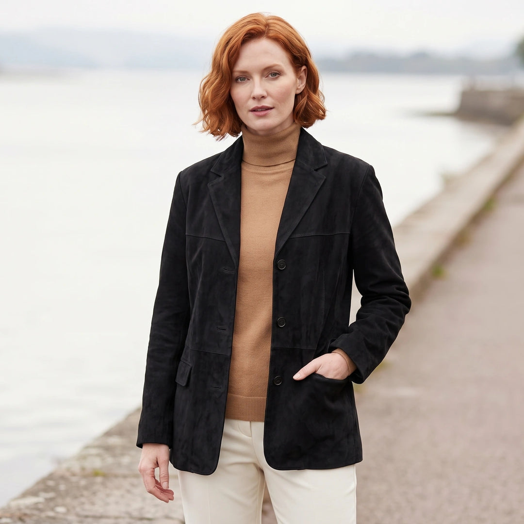 Cinzia Velvety Suede Tailored Blazer Jacket - Black