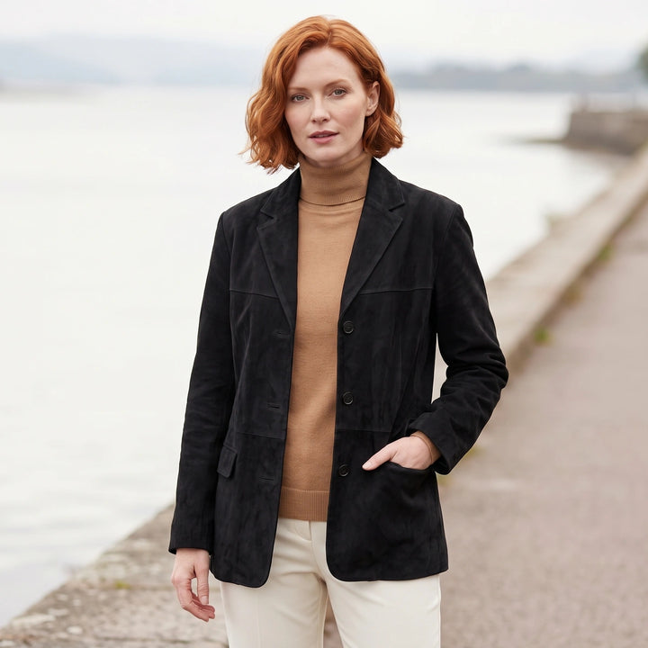Cinzia Velvety Suede Tailored Blazer Jacket - Black