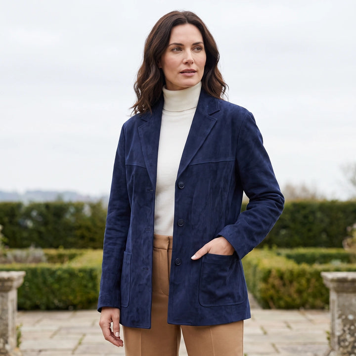 Cinzia Velvety Suede Tailored Blazer Jacket - Blue