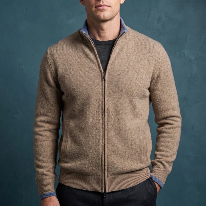 Clement Cashmere Tipped Zip Up Cardigan - Khaki