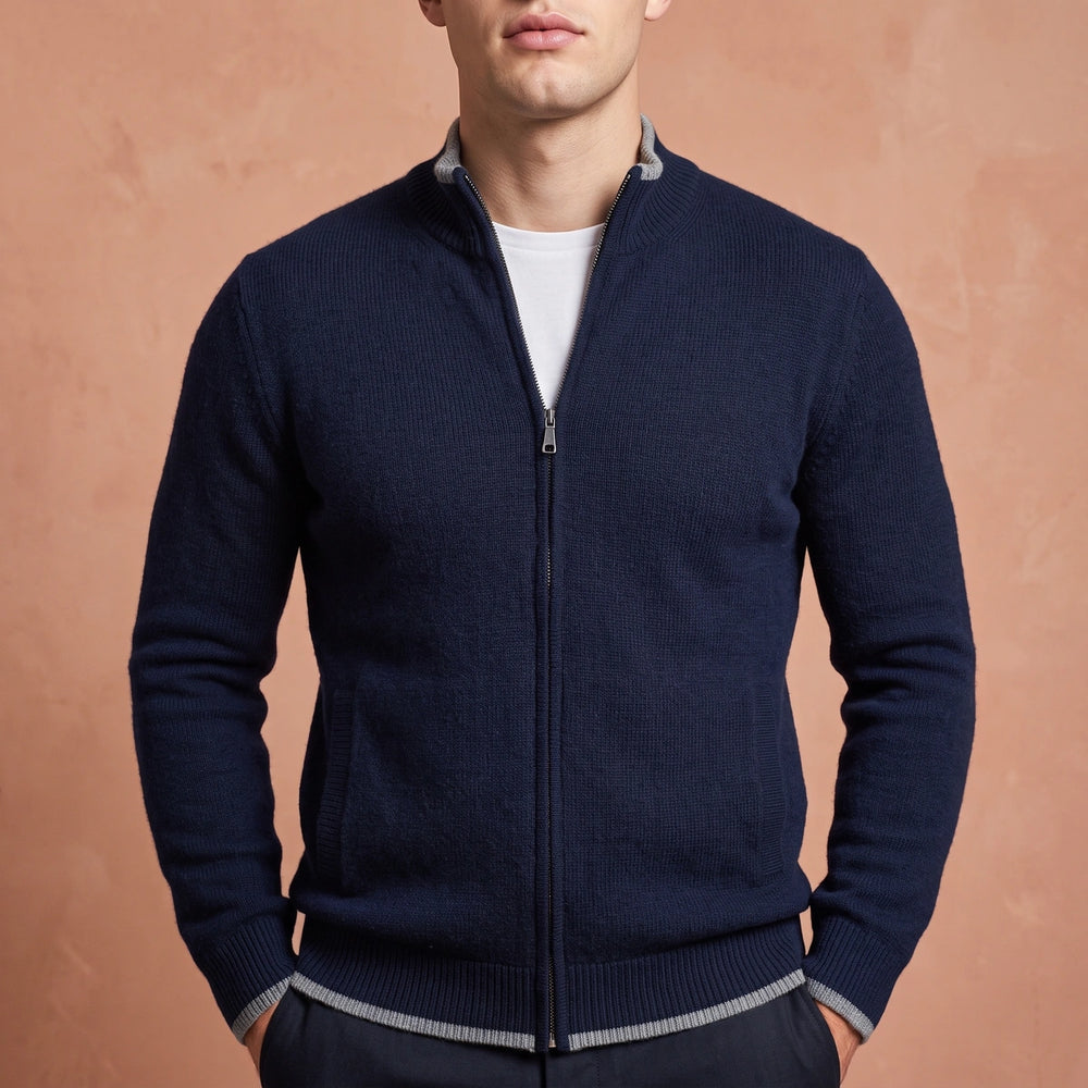 Clement Cashmere Tipped Zip Up Cardigan - Navy Blue