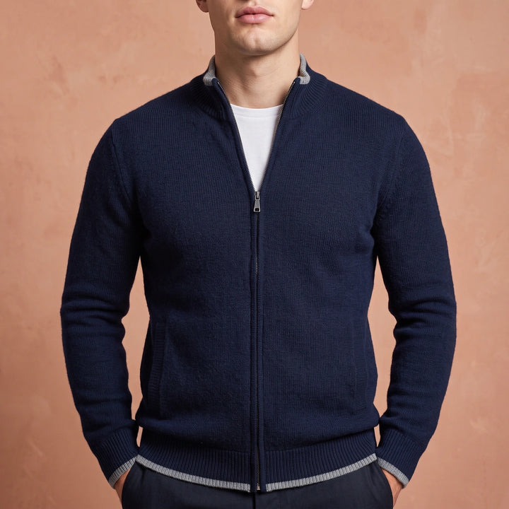 Clement Cashmere Tipped Zip Up Cardigan - Navy Blue