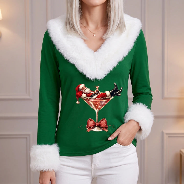 Clover Faux Fur Trim Festive Holiday Top - Green