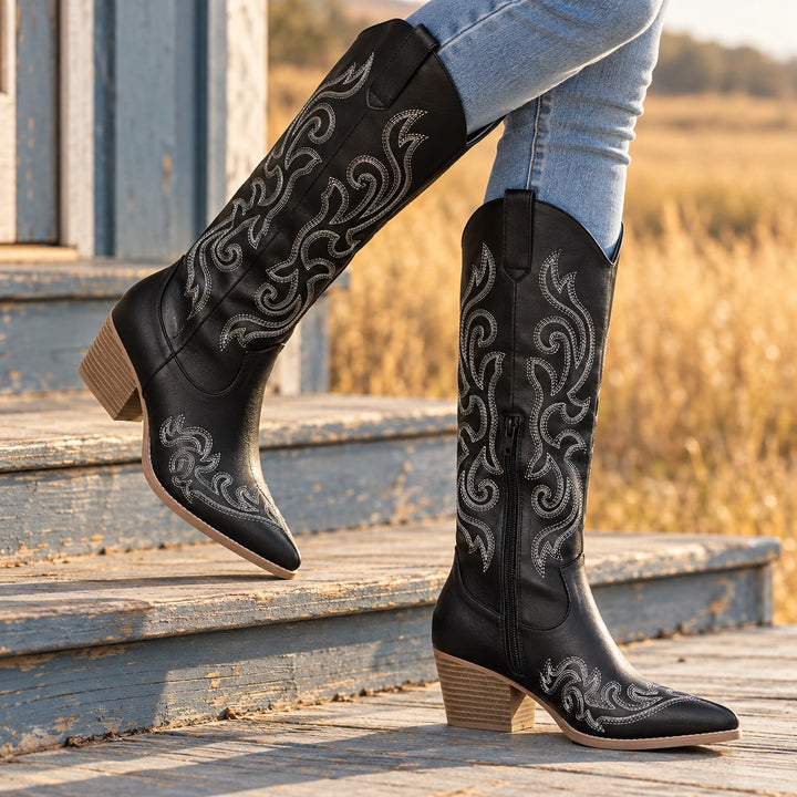 Colleen Embroidered Western Knee High Boots - Black