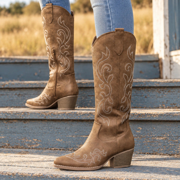 Colleen Embroidered Western Knee High Boots - Brown