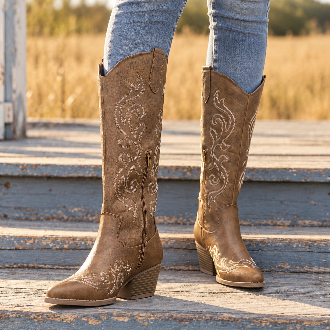 Colleen Embroidered Western Knee High Boots - Brown