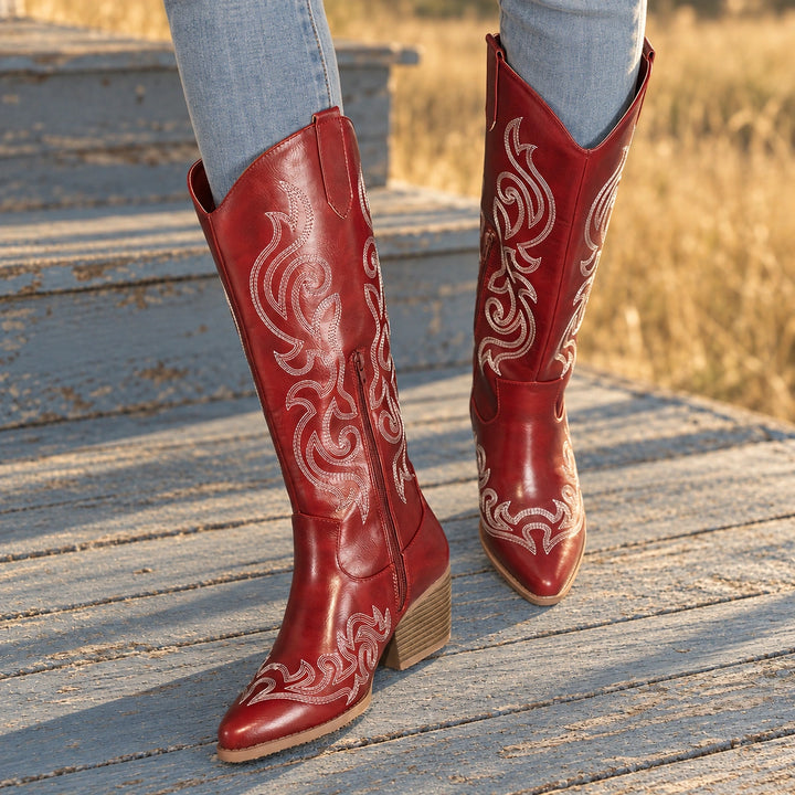 Colleen Embroidered Western Knee High Boots - Red