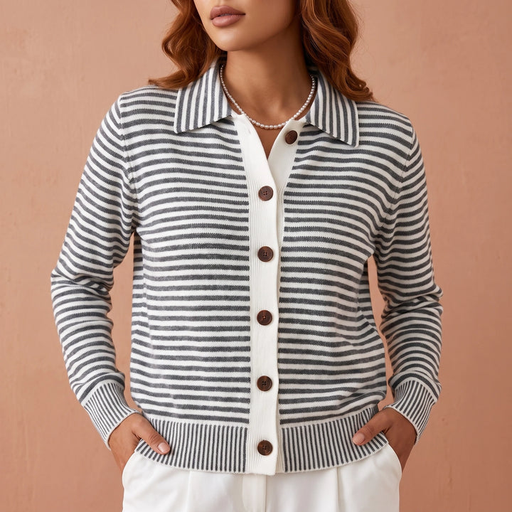 Colombe Fine Stripe Shirt Collar Knit Cardigan - Black