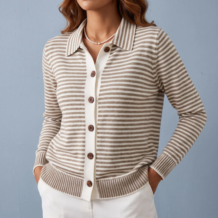 Colombe Fine Stripe Shirt Collar Knit Cardigan - Brown
