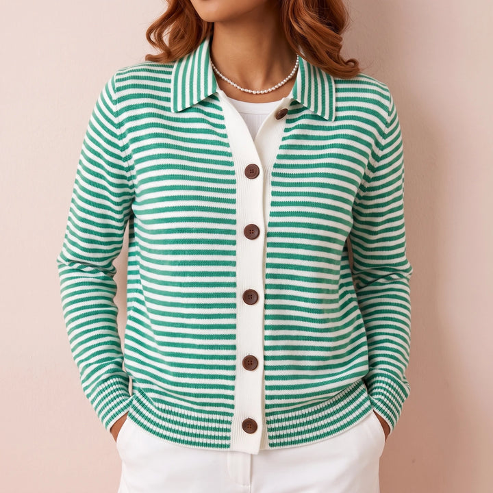 Colombe Fine Stripe Shirt Collar Knit Cardigan - Green
