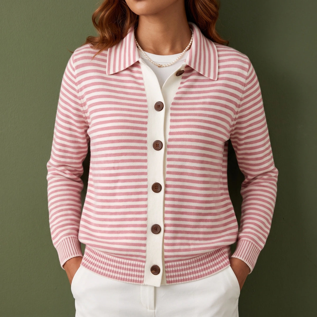 Colombe Fine Stripe Shirt Collar Knit Cardigan - Pink