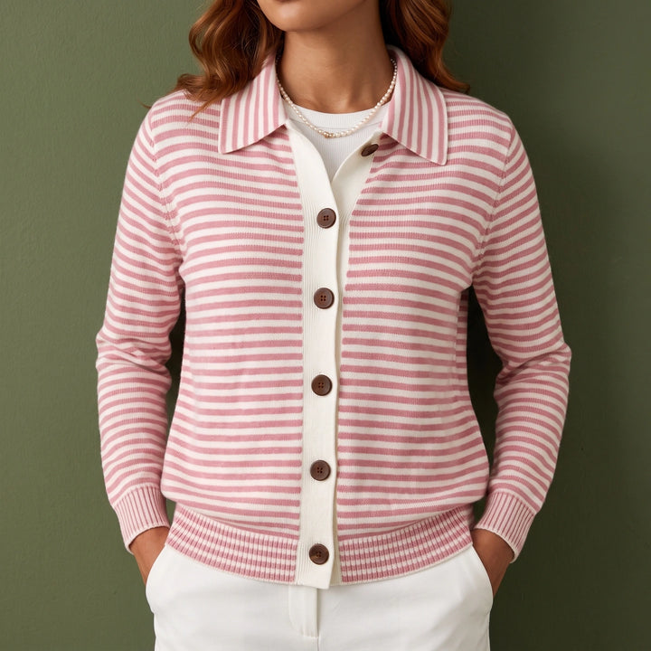Colombe Fine Stripe Shirt Collar Knit Cardigan - Pink
