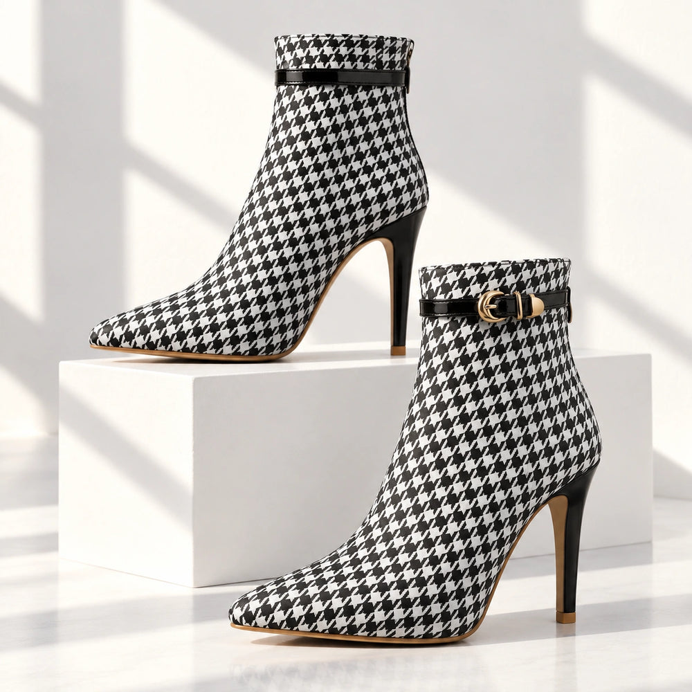 Cora Houndstooth Buckle Stiletto Ankle Boots - Charcoal