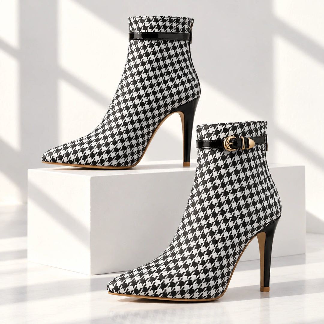 Cora Houndstooth Buckle Stiletto Ankle Boots - Charcoal