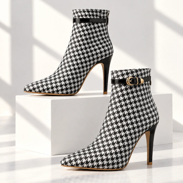 Cora Houndstooth Buckle Stiletto Ankle Boots - Charcoal