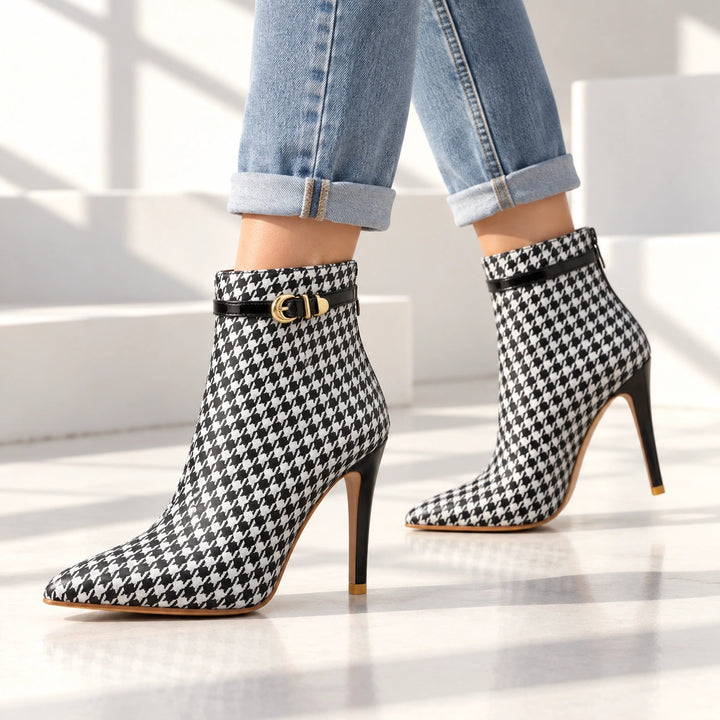 Cora Houndstooth Buckle Stiletto Ankle Boots - Charcoal