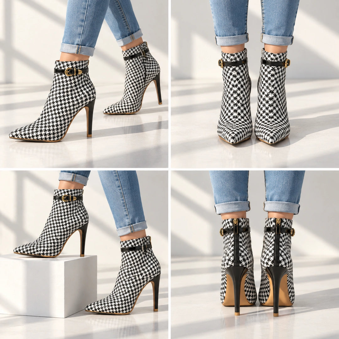 Cora Houndstooth Buckle Stiletto Ankle Boots - Charcoal