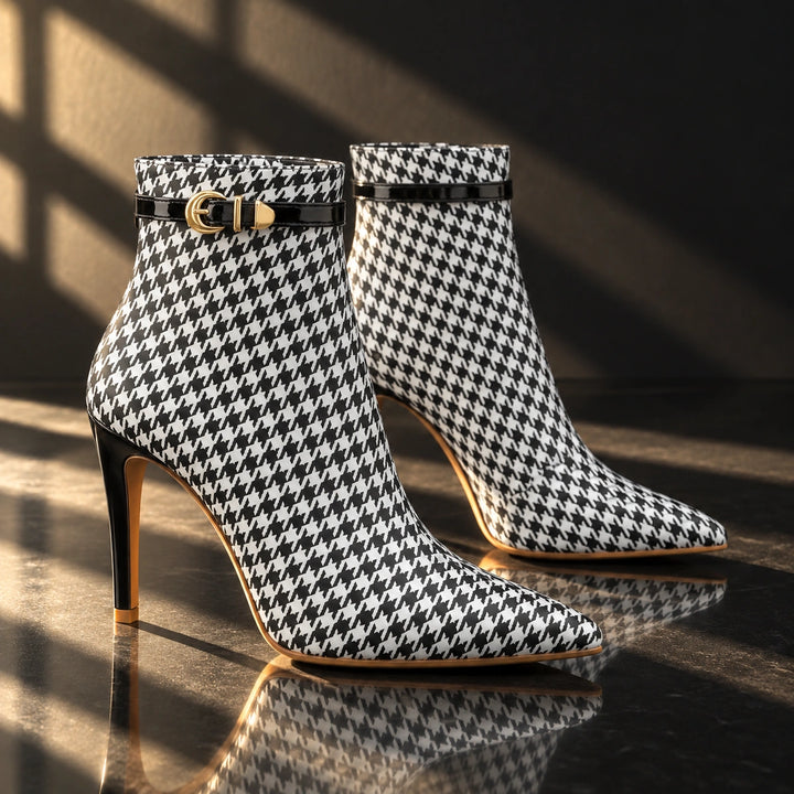 Cora Houndstooth Buckle Stiletto Ankle Boots - Charcoal