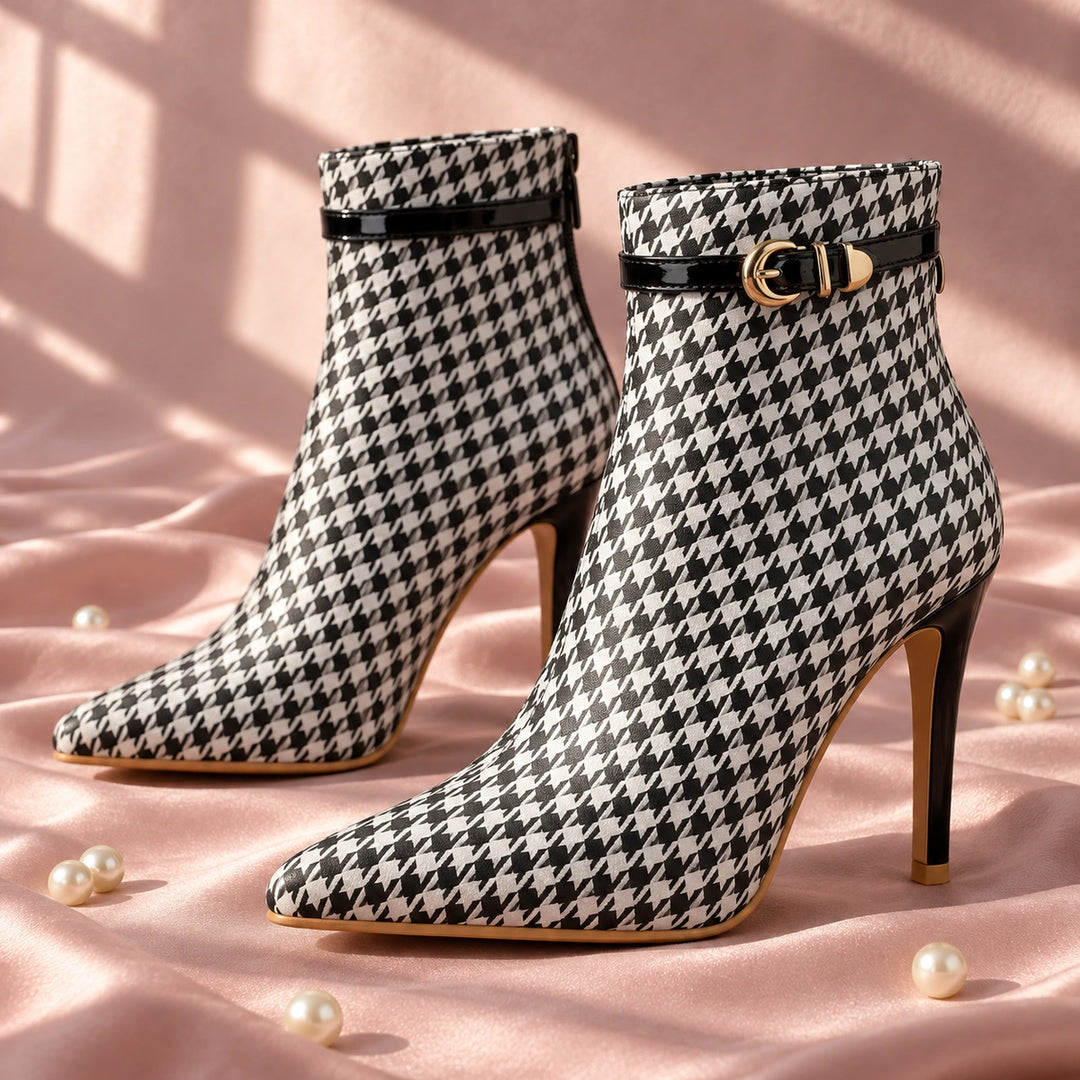Cora Houndstooth Buckle Stiletto Ankle Boots - Charcoal