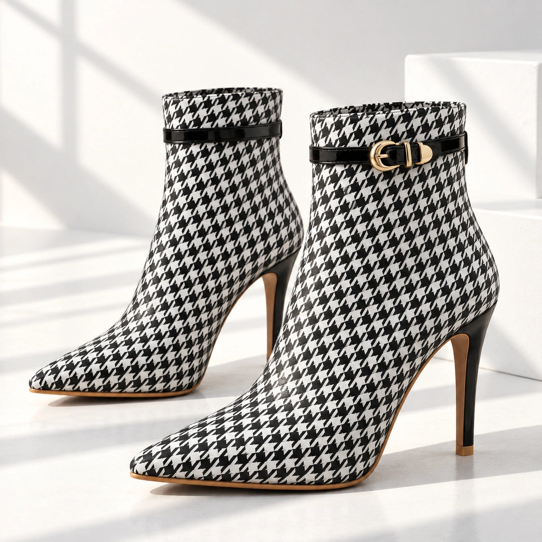 Cora Houndstooth Buckle Stiletto Ankle Boots - Charcoal
