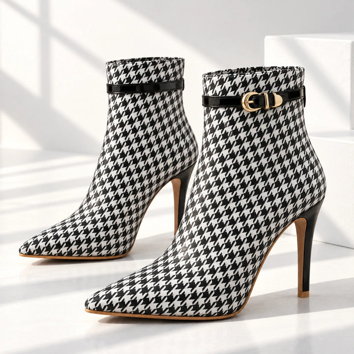 Cora Houndstooth Buckle Stiletto Ankle Boots - Charcoal