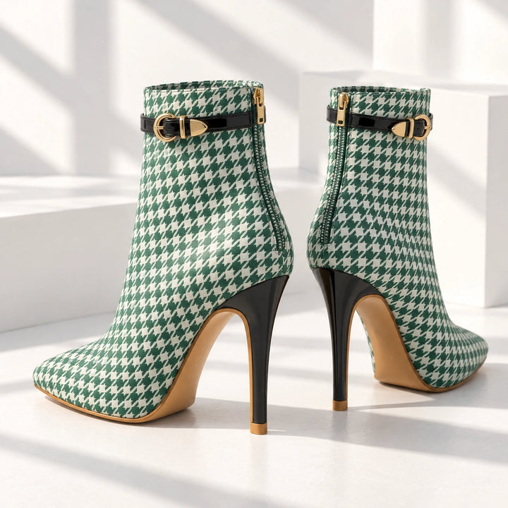 Cora Houndstooth Buckle Stiletto Ankle Boots - Seafoam Green