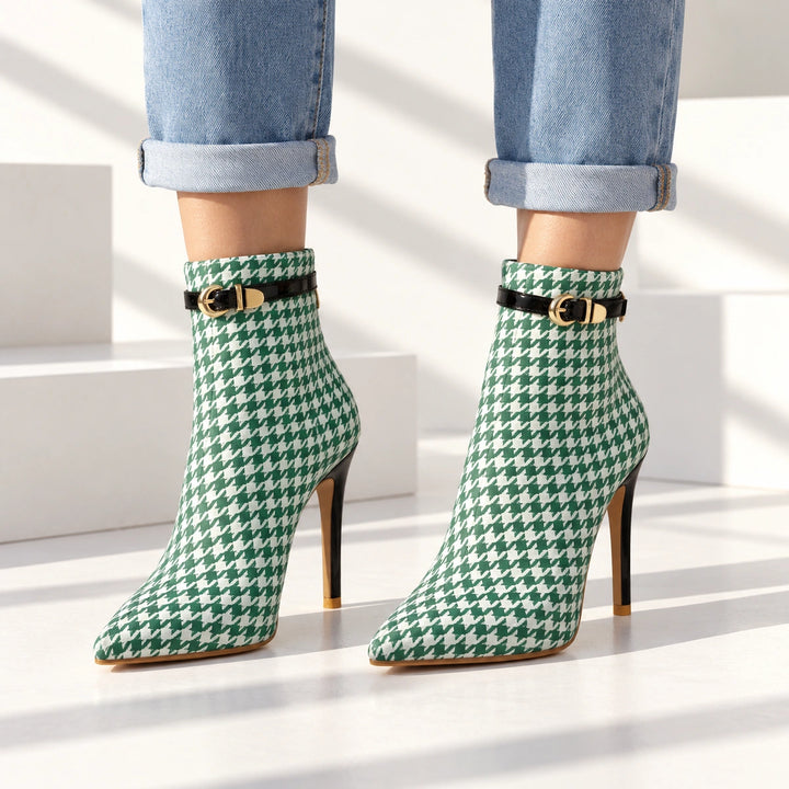 Cora Houndstooth Buckle Stiletto Ankle Boots - Seafoam Green