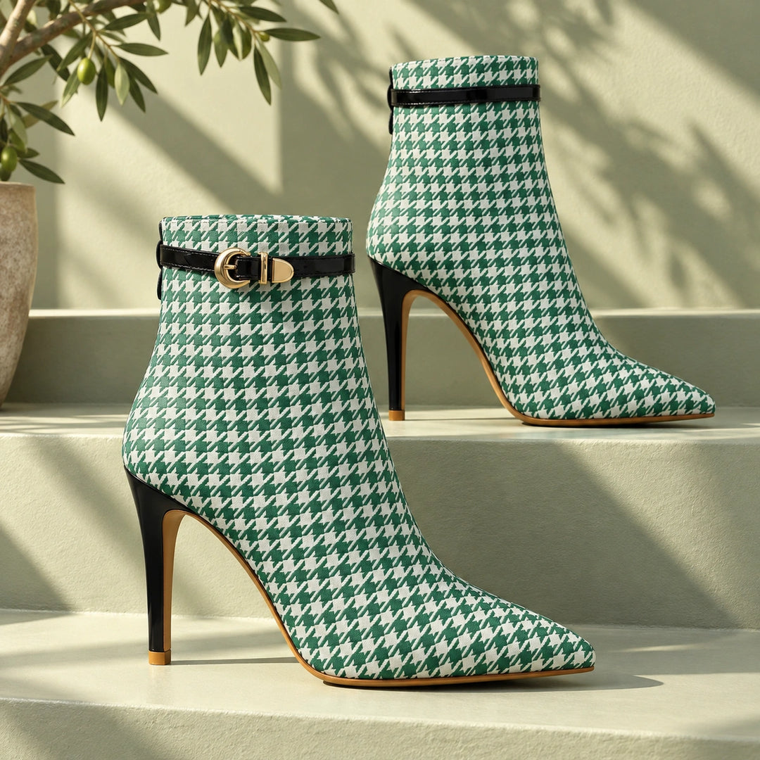 Cora Houndstooth Buckle Stiletto Ankle Boots - Seafoam Green