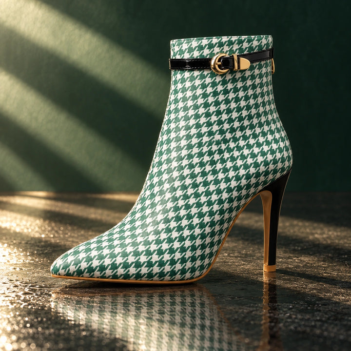 Cora Houndstooth Buckle Stiletto Ankle Boots - Seafoam Green