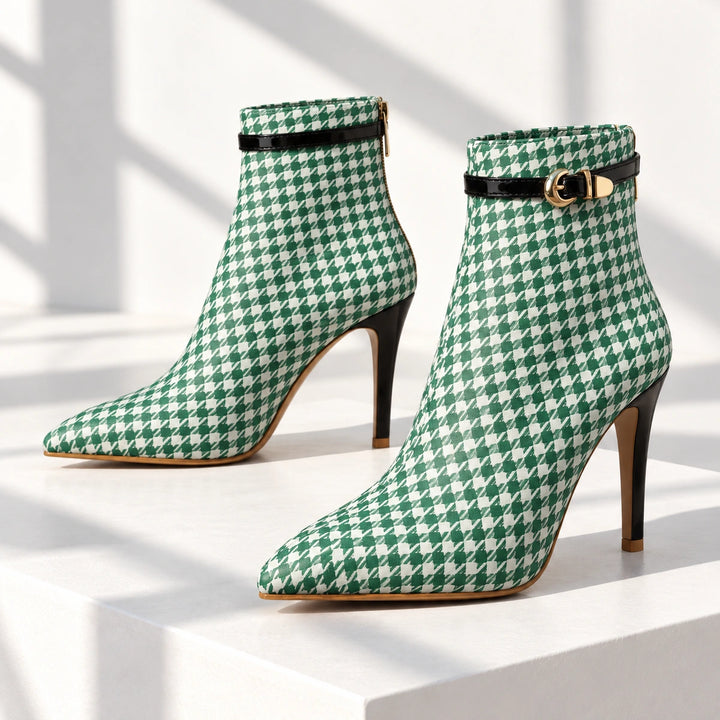 Cora Houndstooth Buckle Stiletto Ankle Boots - Seafoam Green