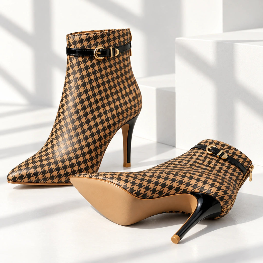 Cora Houndstooth Buckle Stiletto Ankle Boots - Sienna Brown