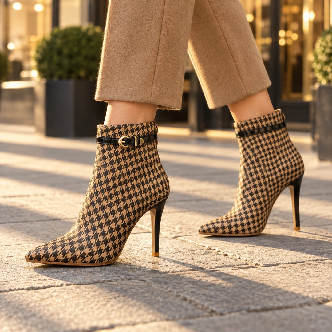 Cora Houndstooth Buckle Stiletto Ankle Boots - Sienna Brown