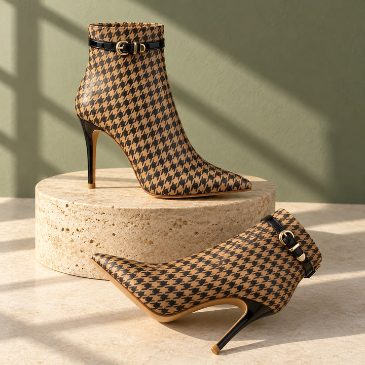 Cora Houndstooth Buckle Stiletto Ankle Boots - Sienna Brown