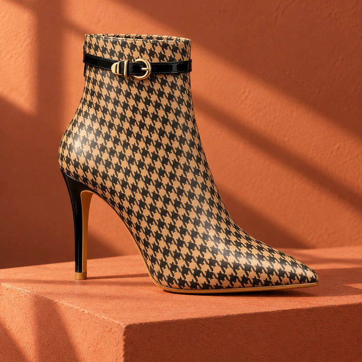 Cora Houndstooth Buckle Stiletto Ankle Boots - Sienna Brown