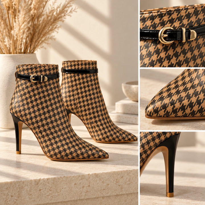 Cora Houndstooth Buckle Stiletto Ankle Boots - Sienna Brown