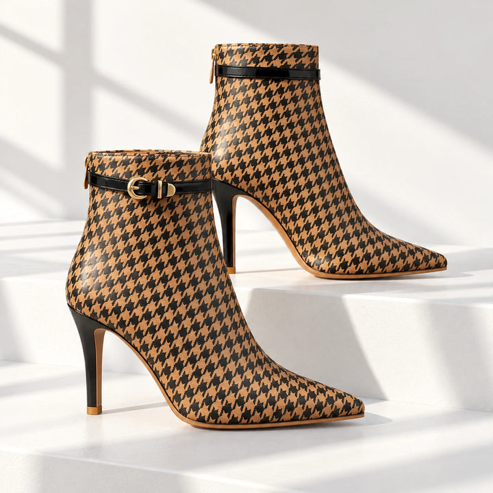 Cora Houndstooth Buckle Stiletto Ankle Boots - Sienna Brown
