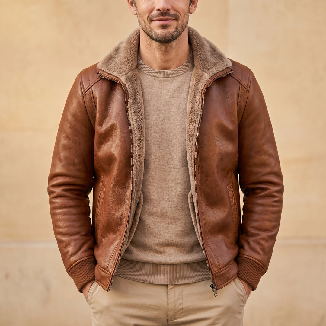 Cornelius Fleece Lined Leather Jacket - Brown