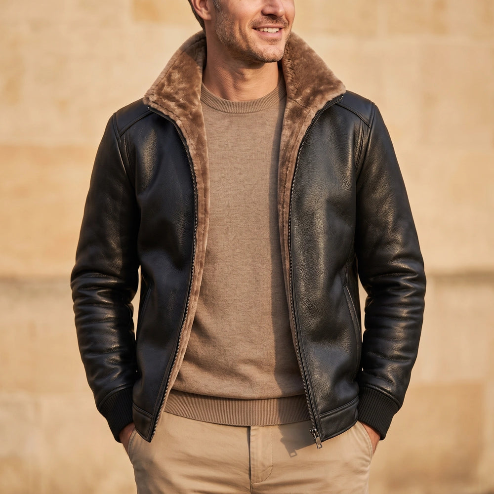Cornelius Fleece Lined Leather Jacket - Black