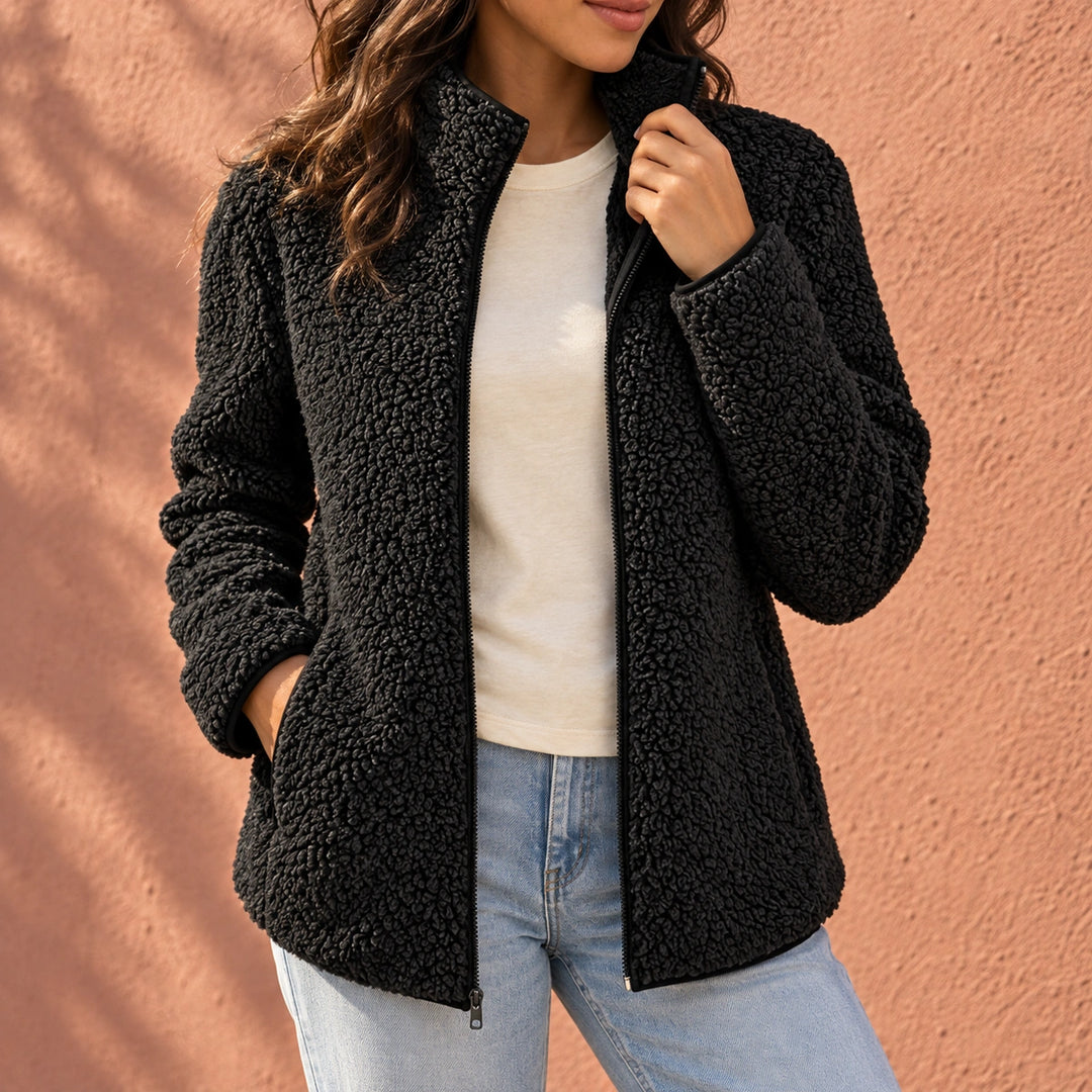 Courtney Sherpa Fleece Stand Collar Jacket - Black