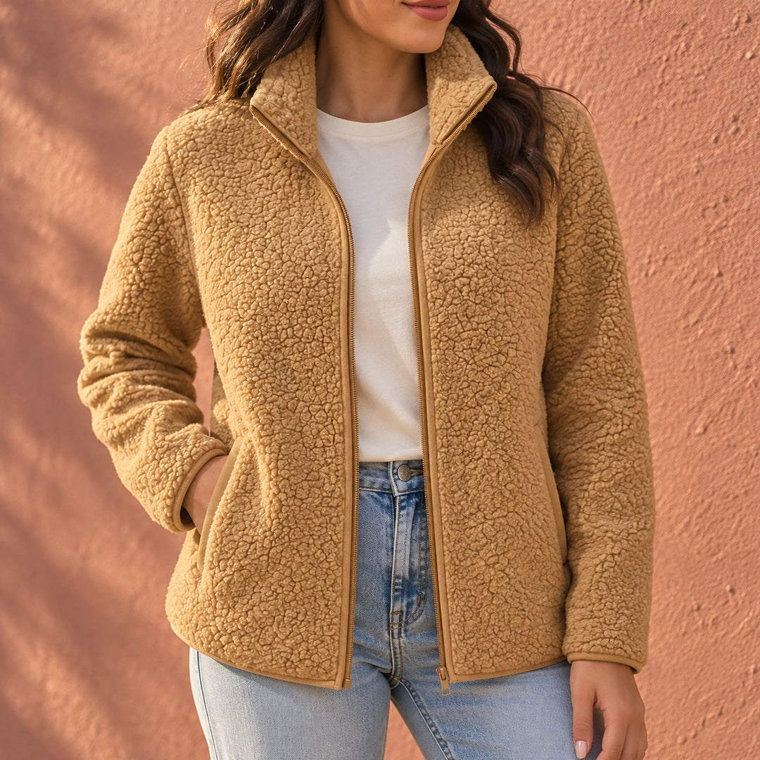 Courtney Sherpa Fleece Stand Collar Jacket - Khaki