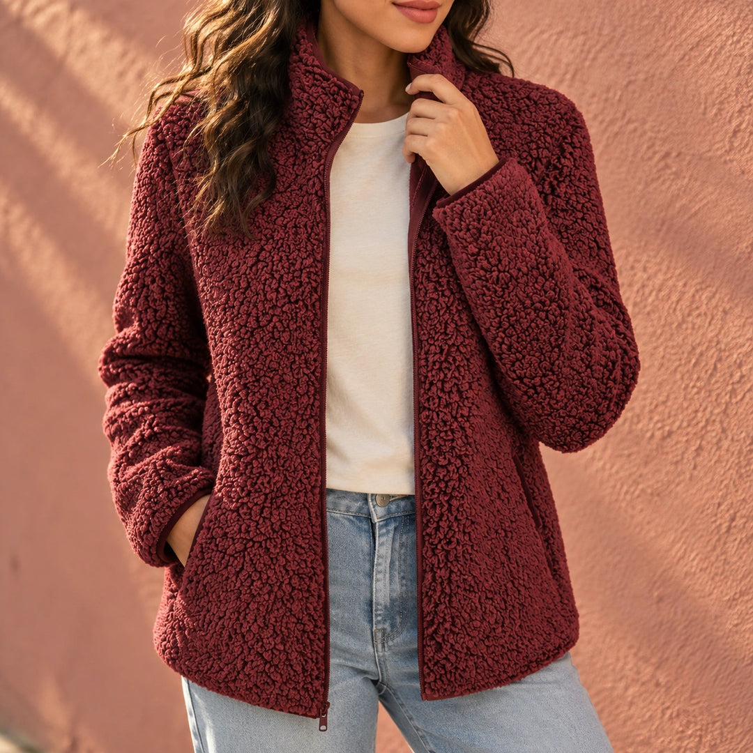 Courtney Sherpa Fleece Stand Collar Jacket - Red