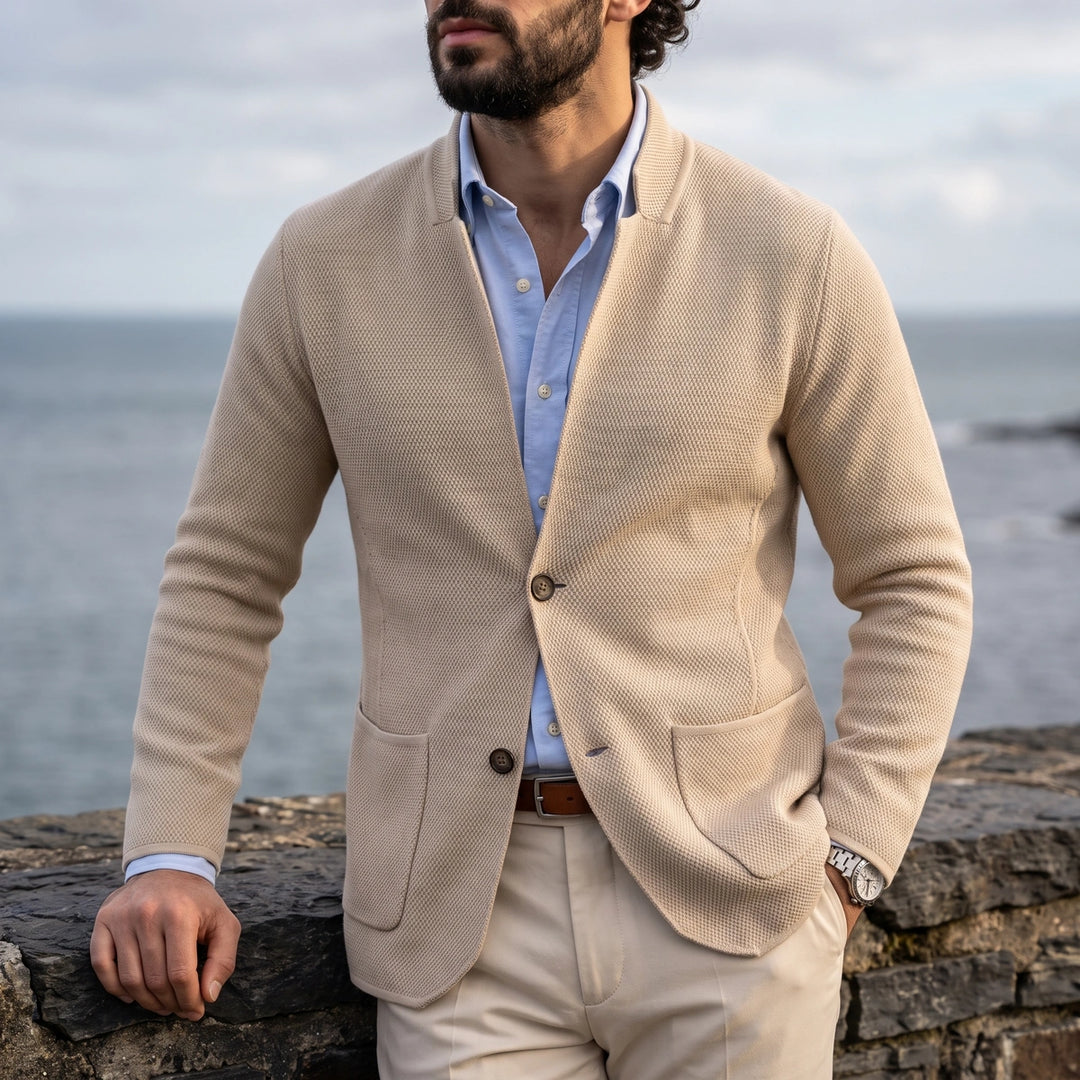 Crispian Textured Knit Stand Collar Blazer Cardigan - Beige