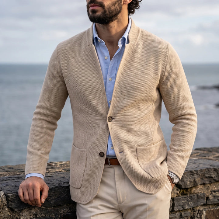 Crispian Textured Knit Stand Collar Blazer Cardigan - Beige