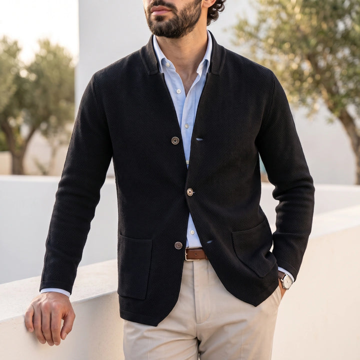 Crispian Textured Knit Stand Collar Blazer Cardigan - Black
