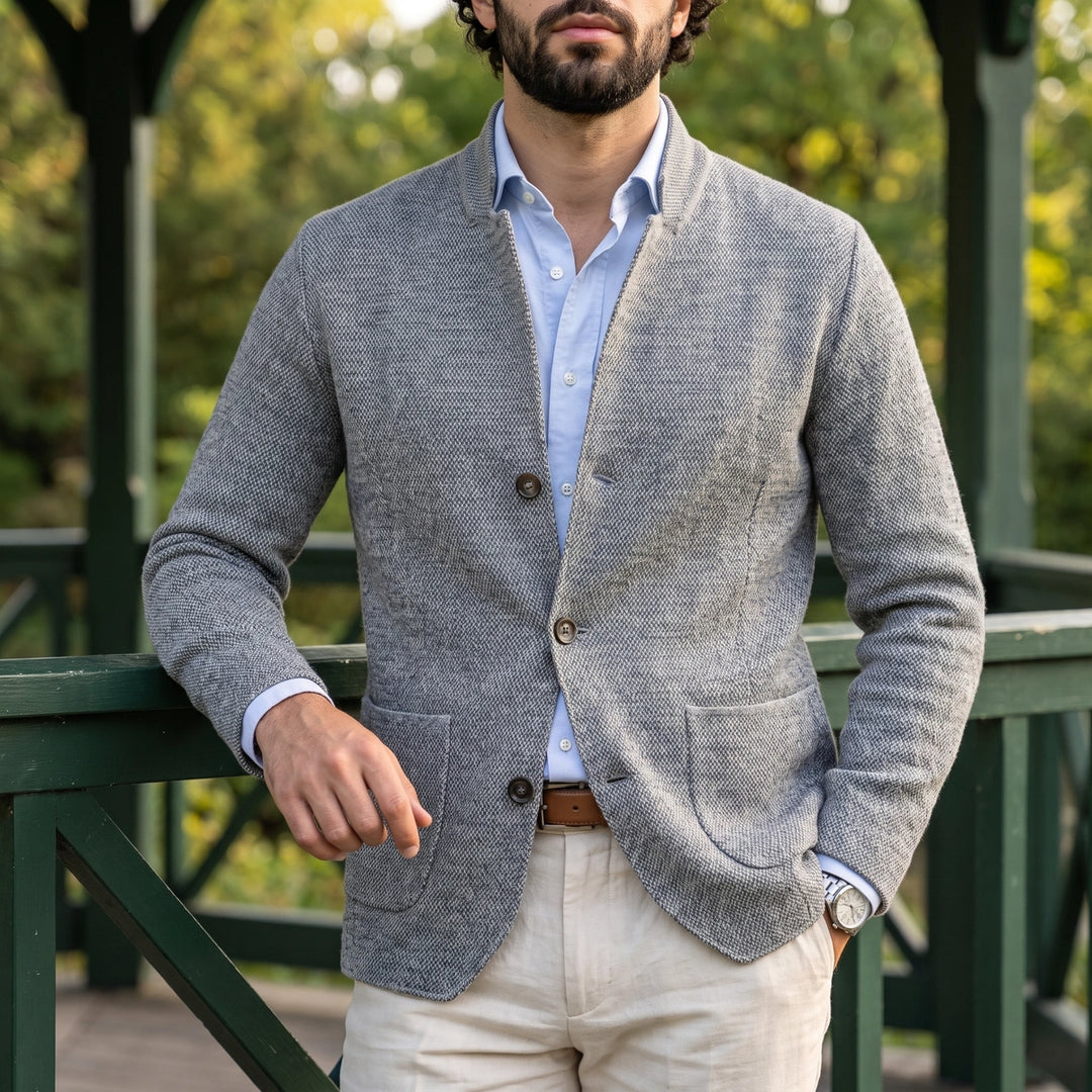 Crispian Textured Knit Stand Collar Blazer Cardigan - Gray