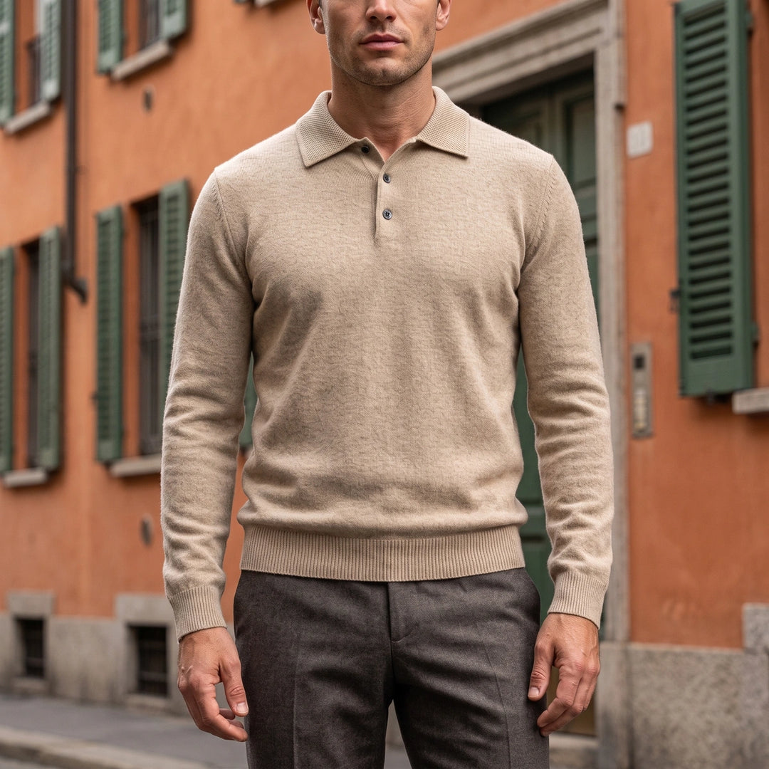Crispin Wool Button Polo Sweater - Khaki