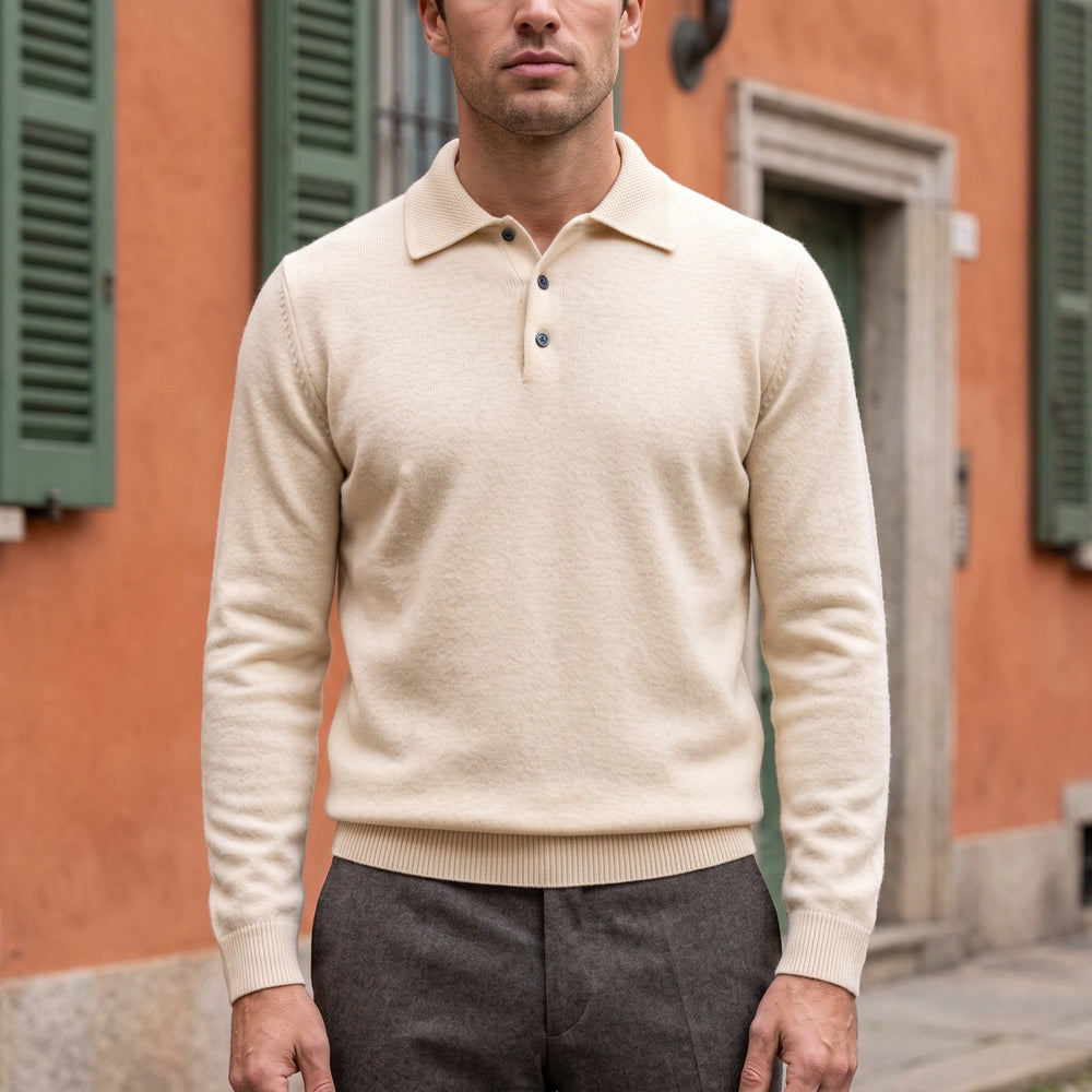 Crispin Wool Button Polo Sweater - Beige