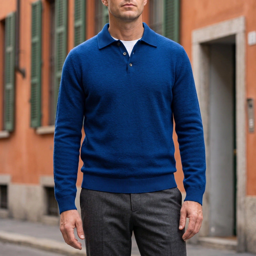Crispin Wool Button Polo Sweater - Dark Blue